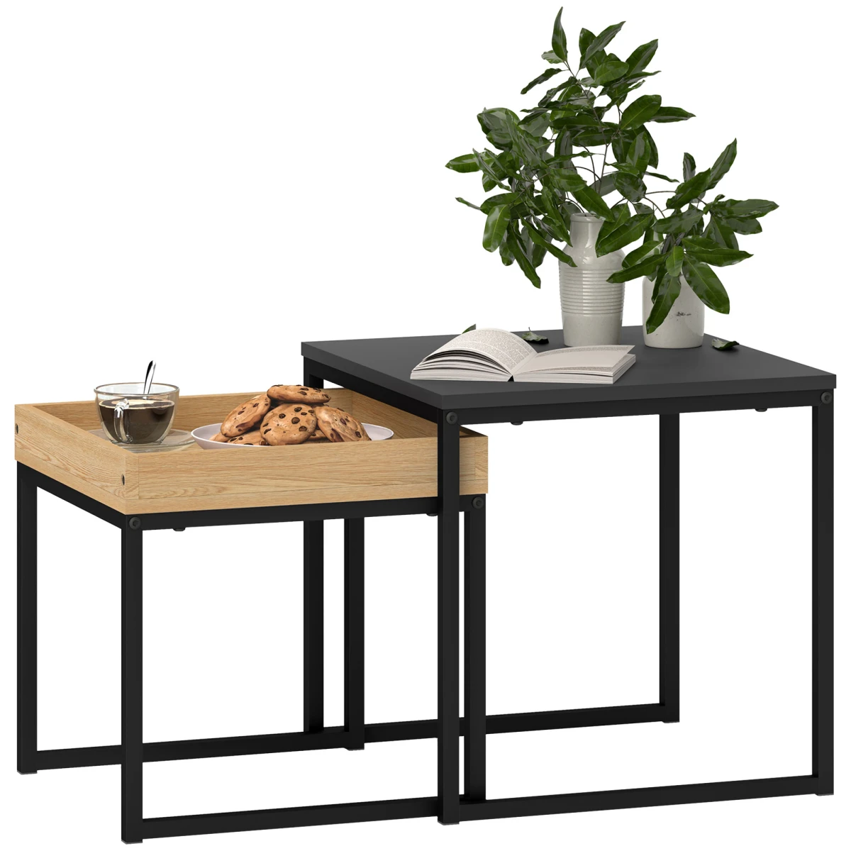 HOMCOM Nesting Coffee Tables Set Compact Square White And Wood For Small Space Living by HOMCOM