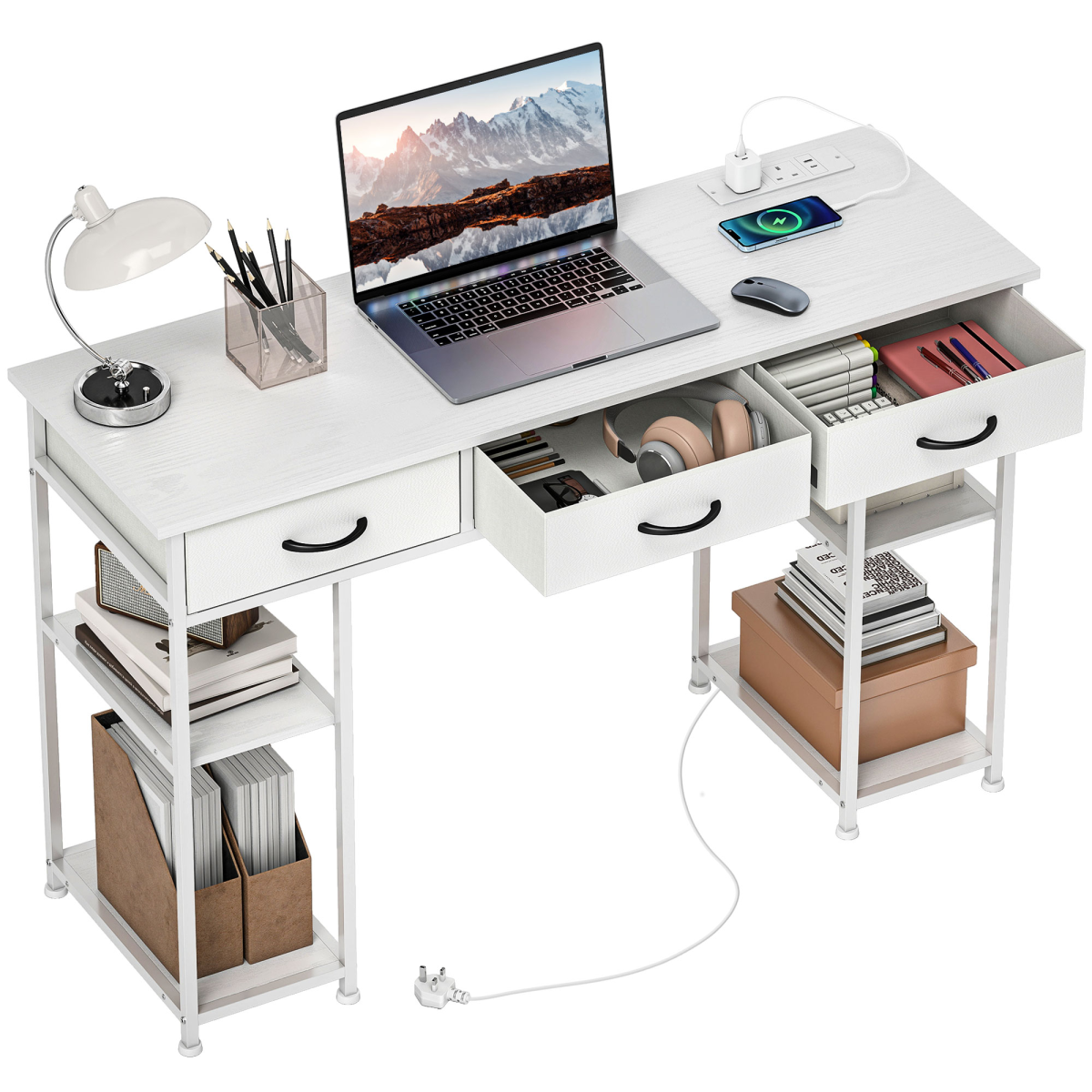HOMCOM HOMCOM Computer Writing Desk Full Size Built In Charging Station with Drawers and Shelves for Home Office - Desk