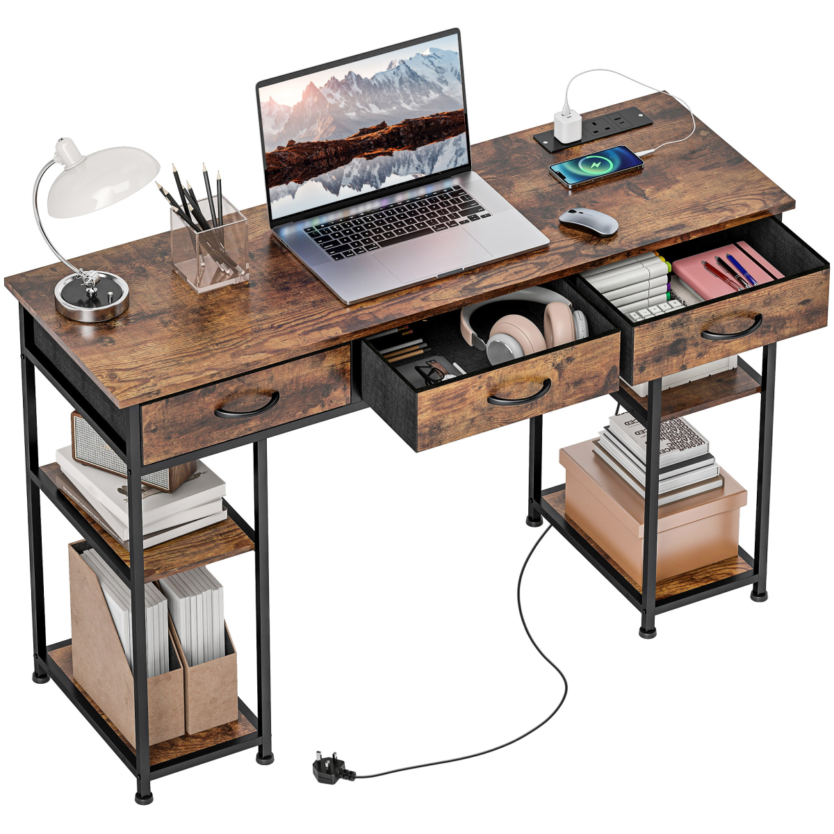 HOMCOM HOMCOM Computer Writing Desk Full Size Built In Charging Station with Drawers and Shelves for Home Office - Desk