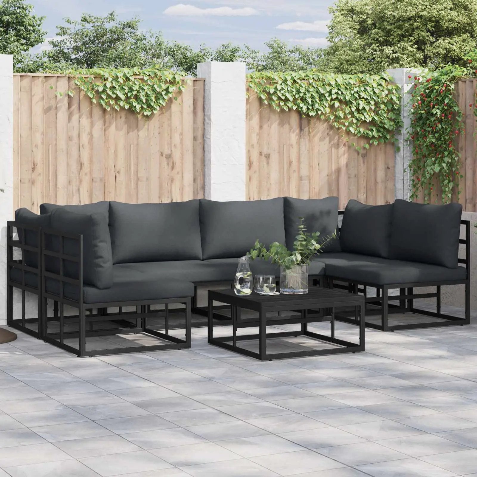 vidaXL vidaXL Garden Sofa Set with Cushion 6 pcs Black Aluminium - Garden Sofa Sets