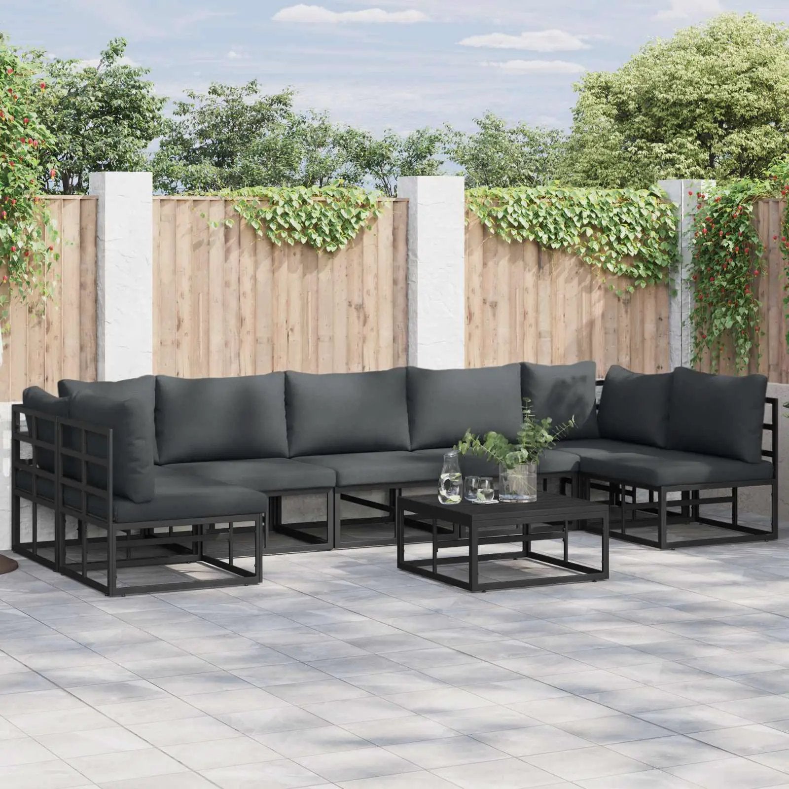 vidaXL vidaXL Garden Sofa Set with Cushion 7 pcs Black Aluminium - Garden Sofa Sets