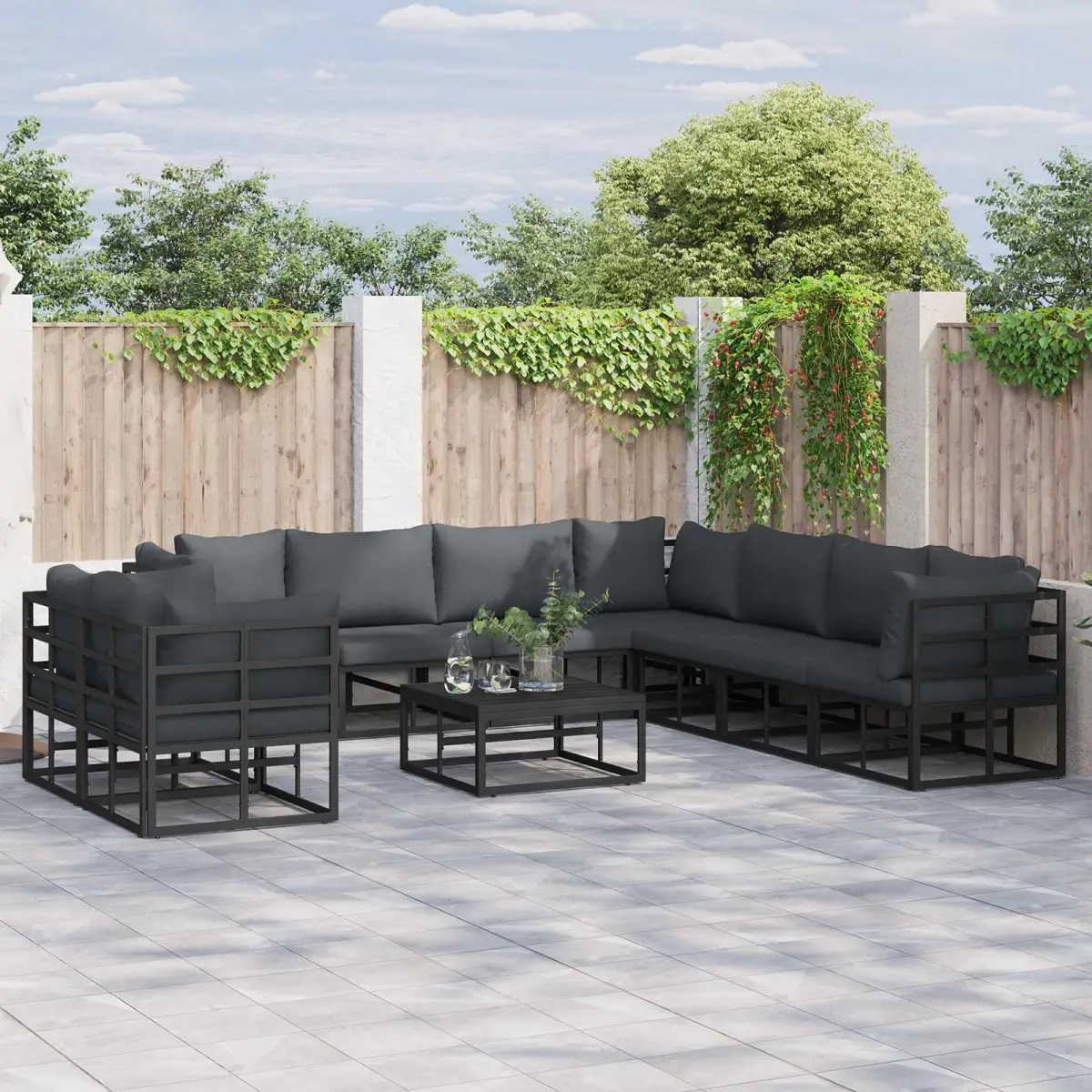 vidaXL vidaXL Garden Sofa Set with Cushion 9 pcs Black Aluminium - Garden Sofa Sets