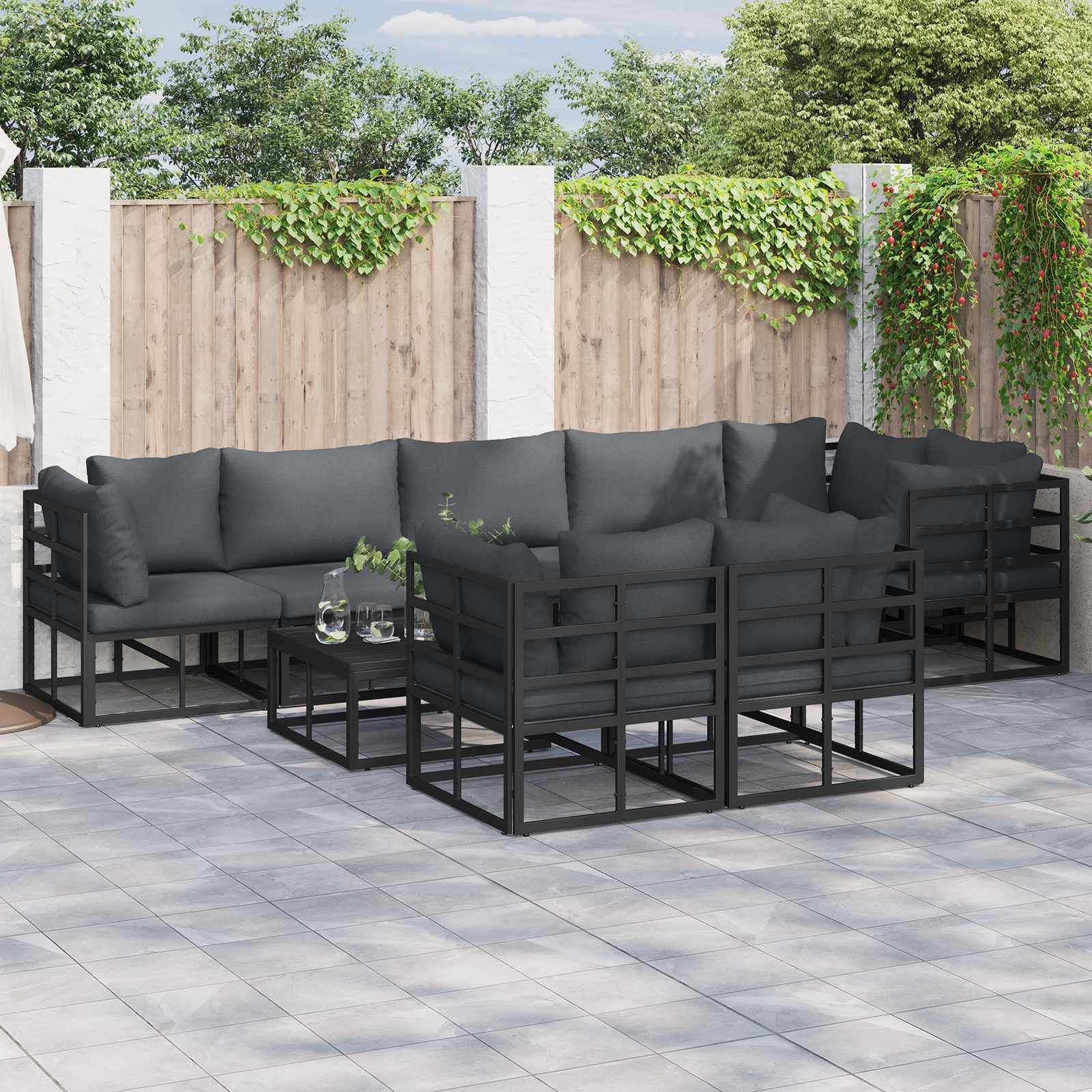 vidaXL vidaXL Garden Sofa Set with Cushion 8 pcs Black Aluminium - Garden Sofa Sets