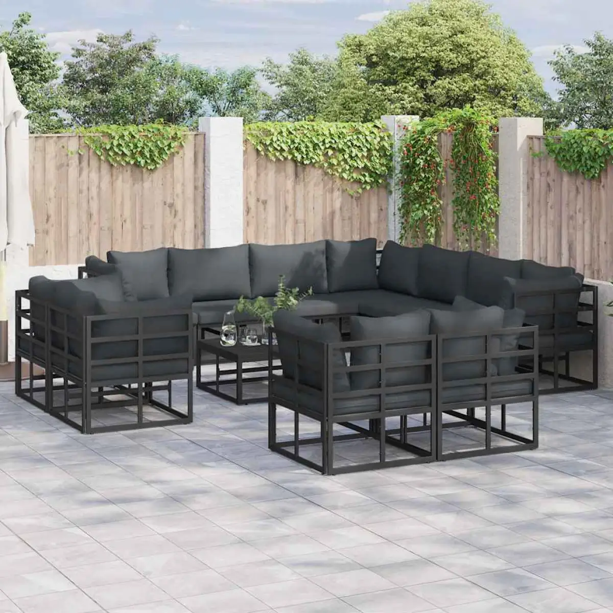 vidaXL vidaXL Garden Sofa Set with Cushion 11 pcs Black Aluminium - Garden Sofa Sets