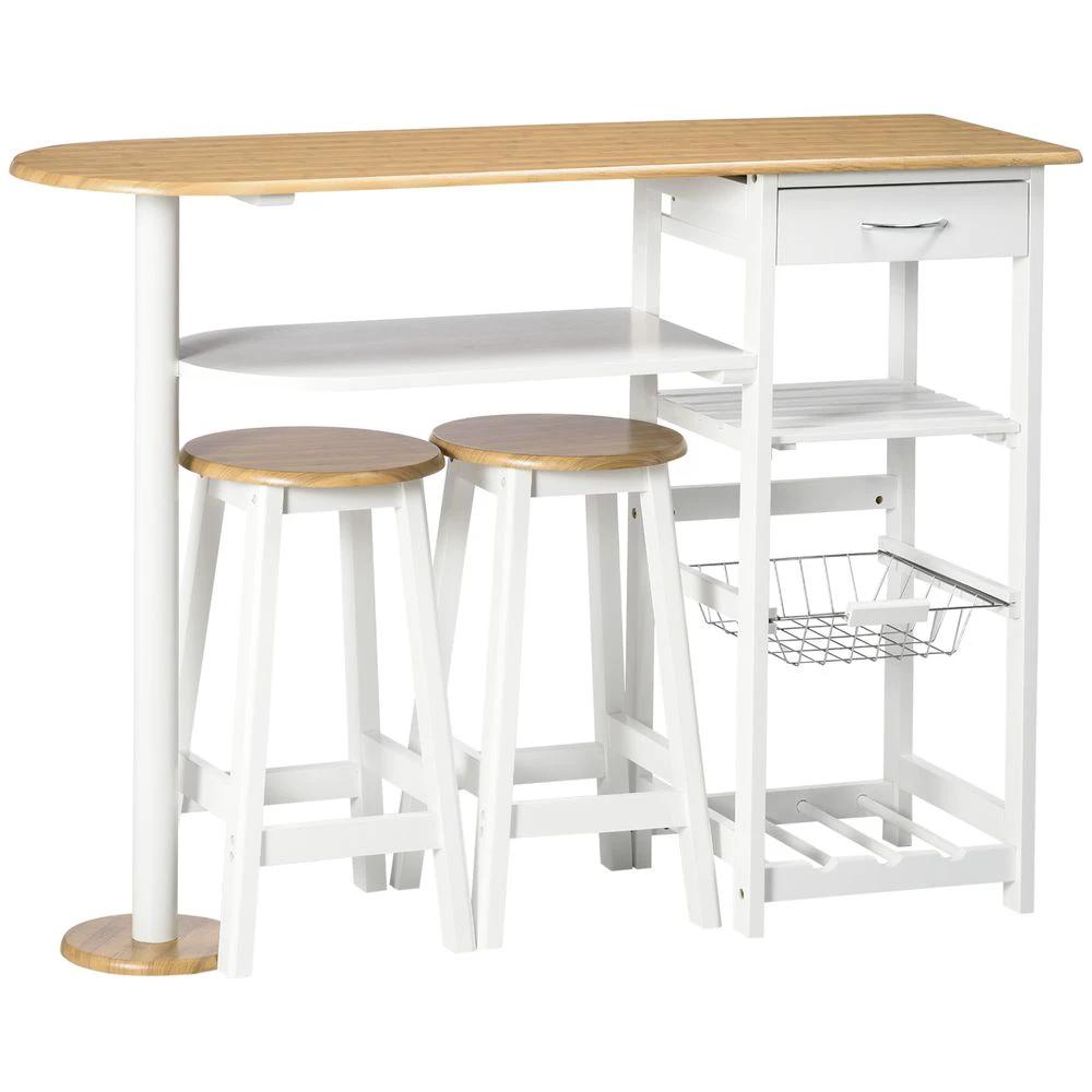 3 Piece Homcom Bar Table Set, Breakfast and Stools Wine Rack Natural White by HOMCOM