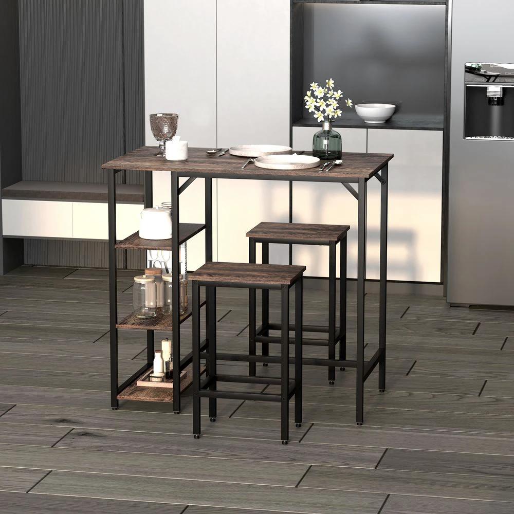 3PC Homcom Industrial Bar Height Dining Table Set With 2 Stools & Side Shelf, by HOMCOM
