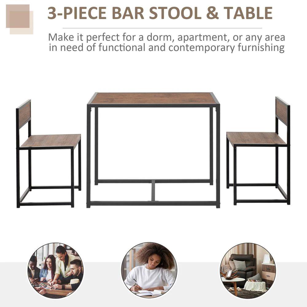 Steel Frame MDF 2-Seater Bar Stool and Table Set Wood Tone by HOMCOM