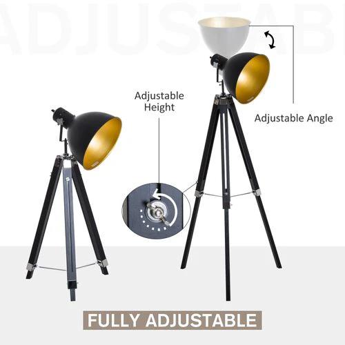 Retro Tripod Floor Lamp Dome Shade Light Wooden Legs-Black/Gold by HOMCOM