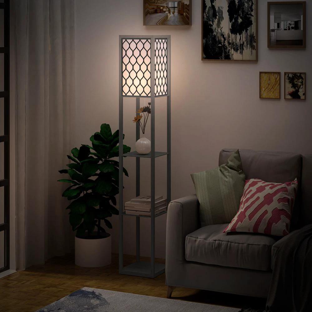 HOMCOM Shelf Floor Lamp W/4-tier Open Shelves Wooden, 26L x 26W x 160Hcm-Black/White - Uncategorized Lamp