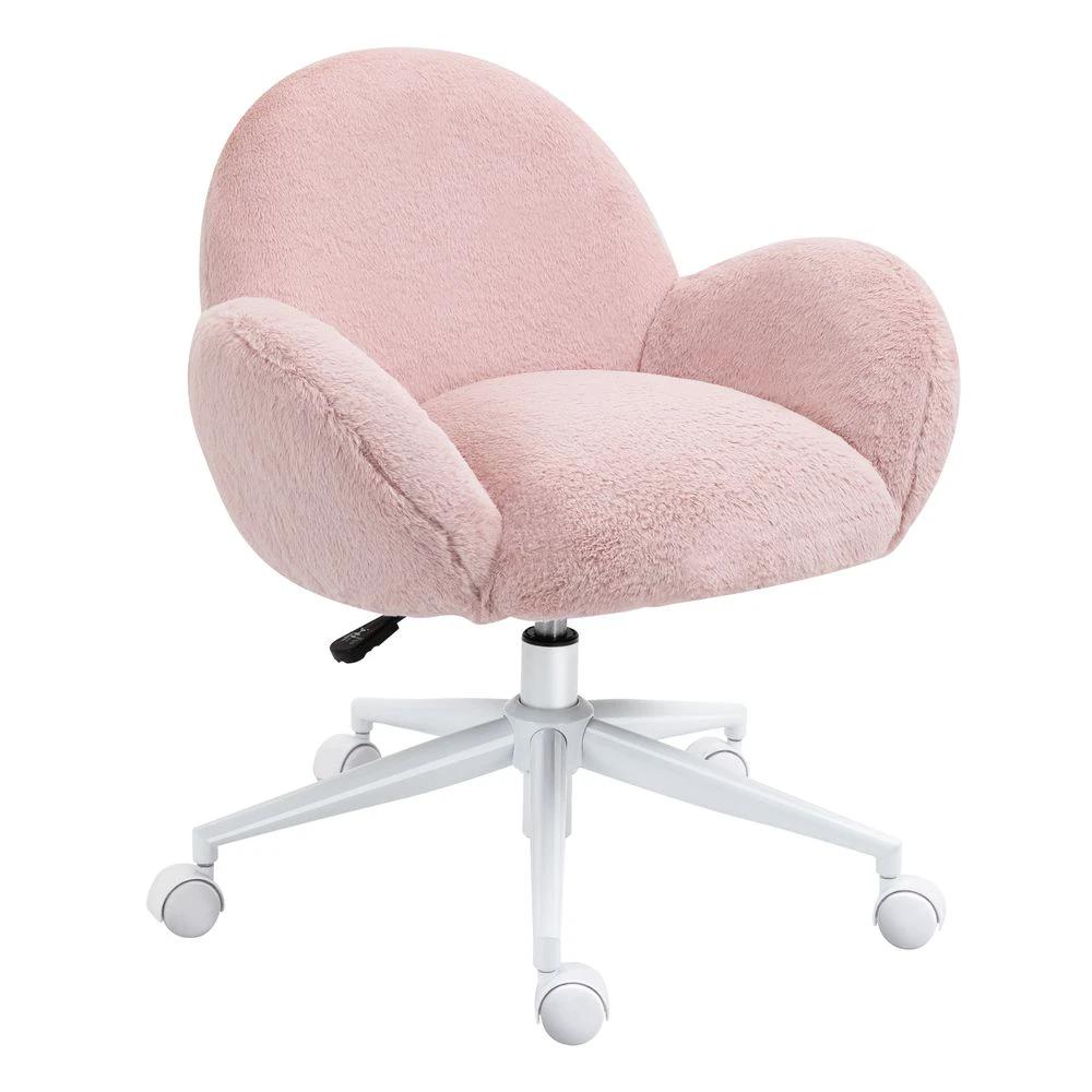 HOMCOM Fluffy Leisure Chair Office Chair w/ Backrest and Armrest for Bedroom Pink - Office Chair