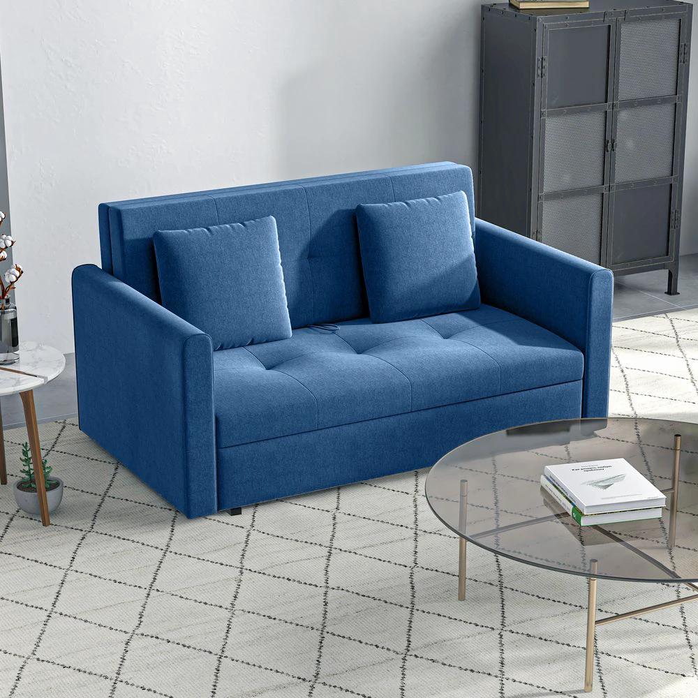 2 Seater Homcom Sofa Bed Convertible Bed Settee w/ 2 Cushions Storage Blue by HOMCOM