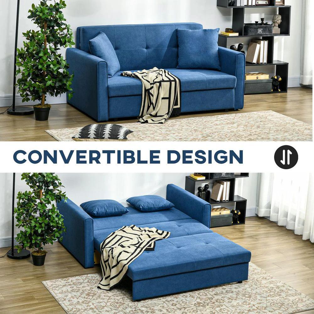 2 Seater Homcom Sofa Bed Convertible Bed Settee w/ 2 Cushions Storage Blue by HOMCOM
