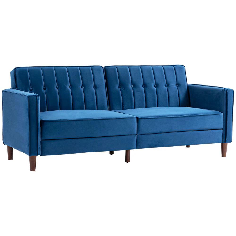 Convertible Sofa Futon Velvet-Touch Tufted Couch Sofa Bed Split Back Blue by HOMCOM