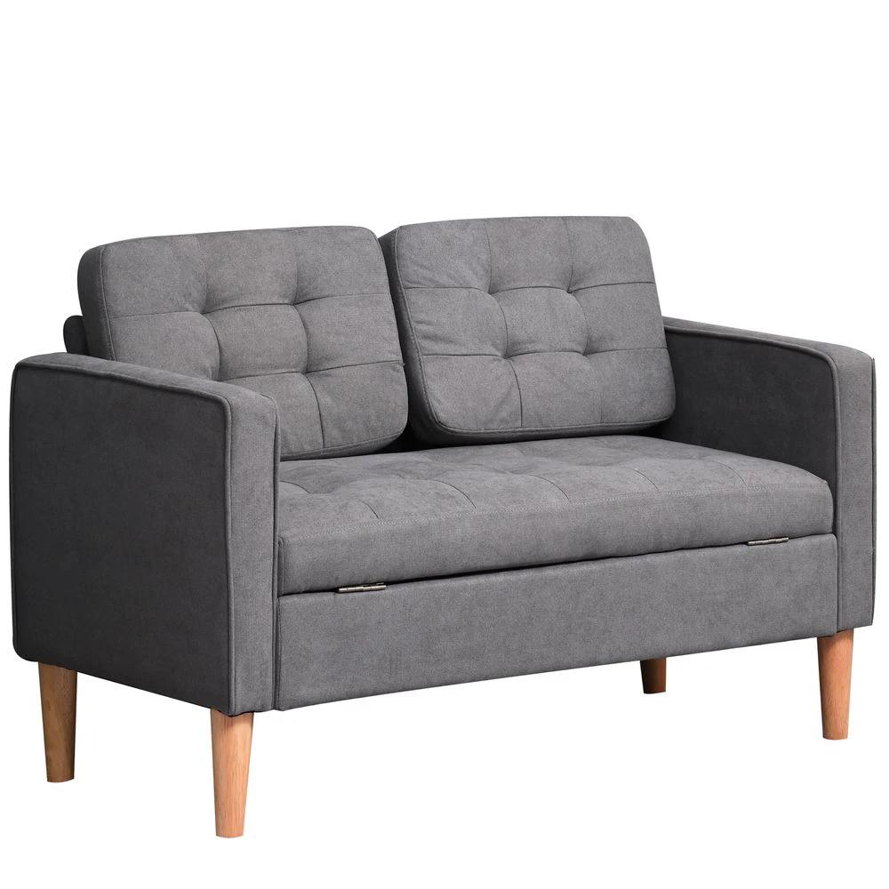 Compact Loveseat Sofa 2 Seater Sofa with Storage and Wood Legs Grey by HOMCOM