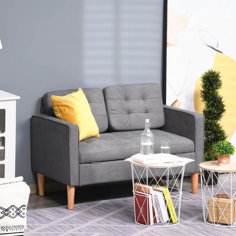 Compact Loveseat Sofa 2 Seater Sofa with Storage and Wood Legs Grey by HOMCOM
