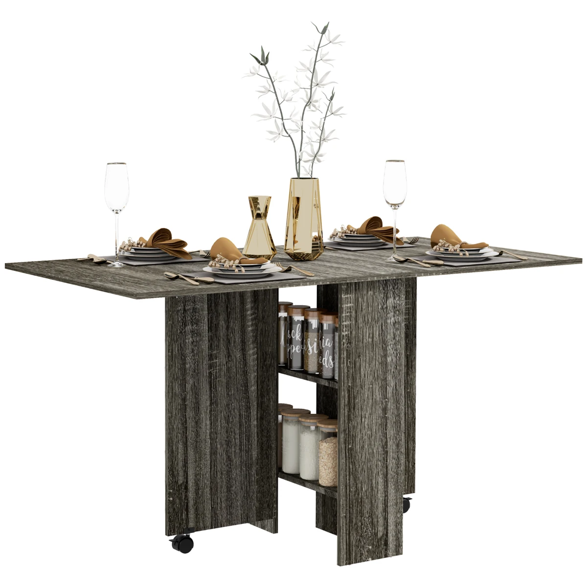 HOMCOM Drop Leaf Table Compact Grey With Wheels For Dining by AIYAPLAY