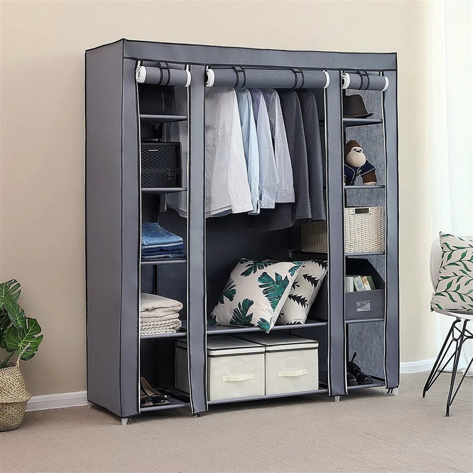 69" Portable Clothes Closet Wardrobe Storage Organizer with Non-Woven Fabric Quick and Easy to Assemble Extra Strong and Durable Gray by N/A