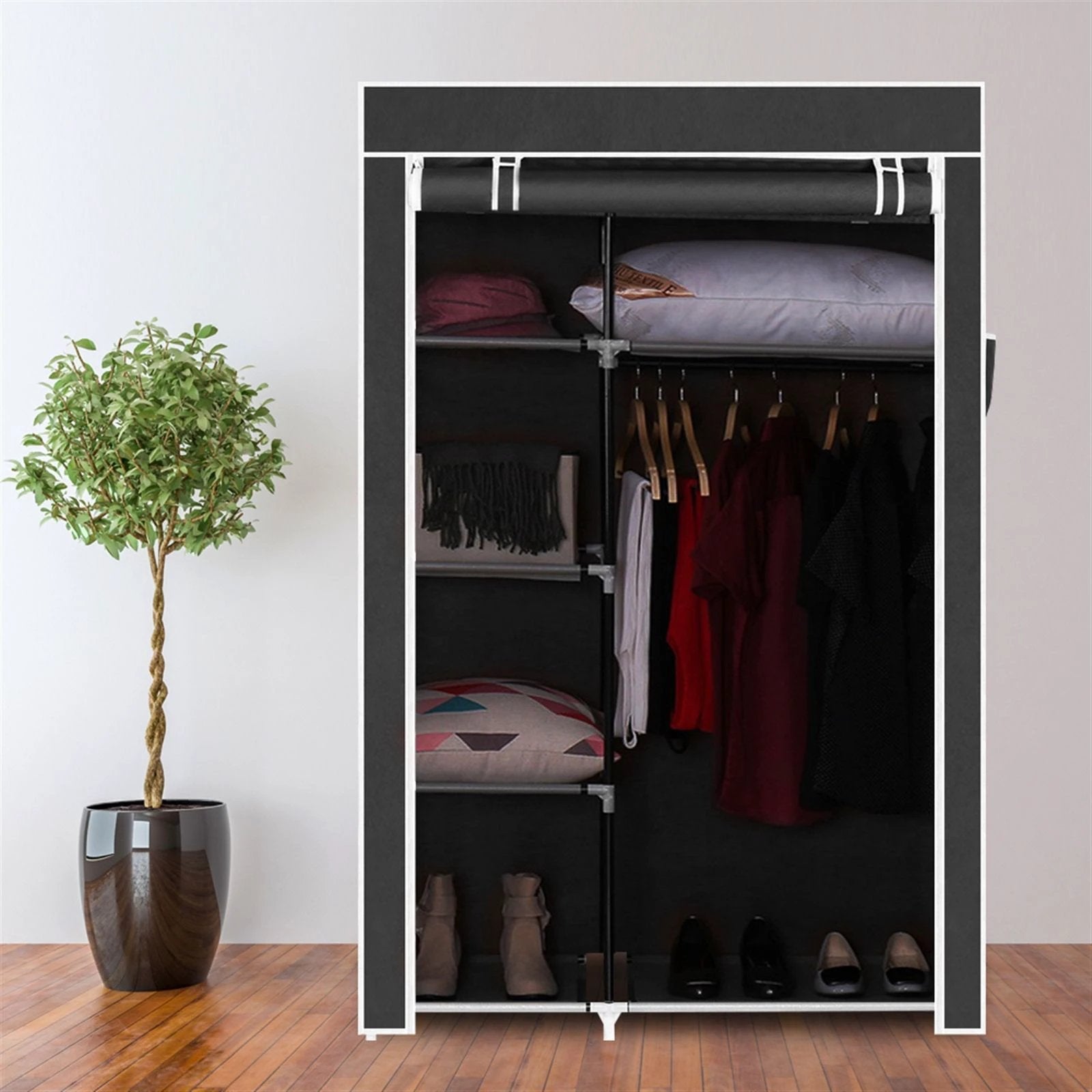 N/A 64" Portable Closet Storage Organizer Wardrobe Clothes Rack with Shelves Black -