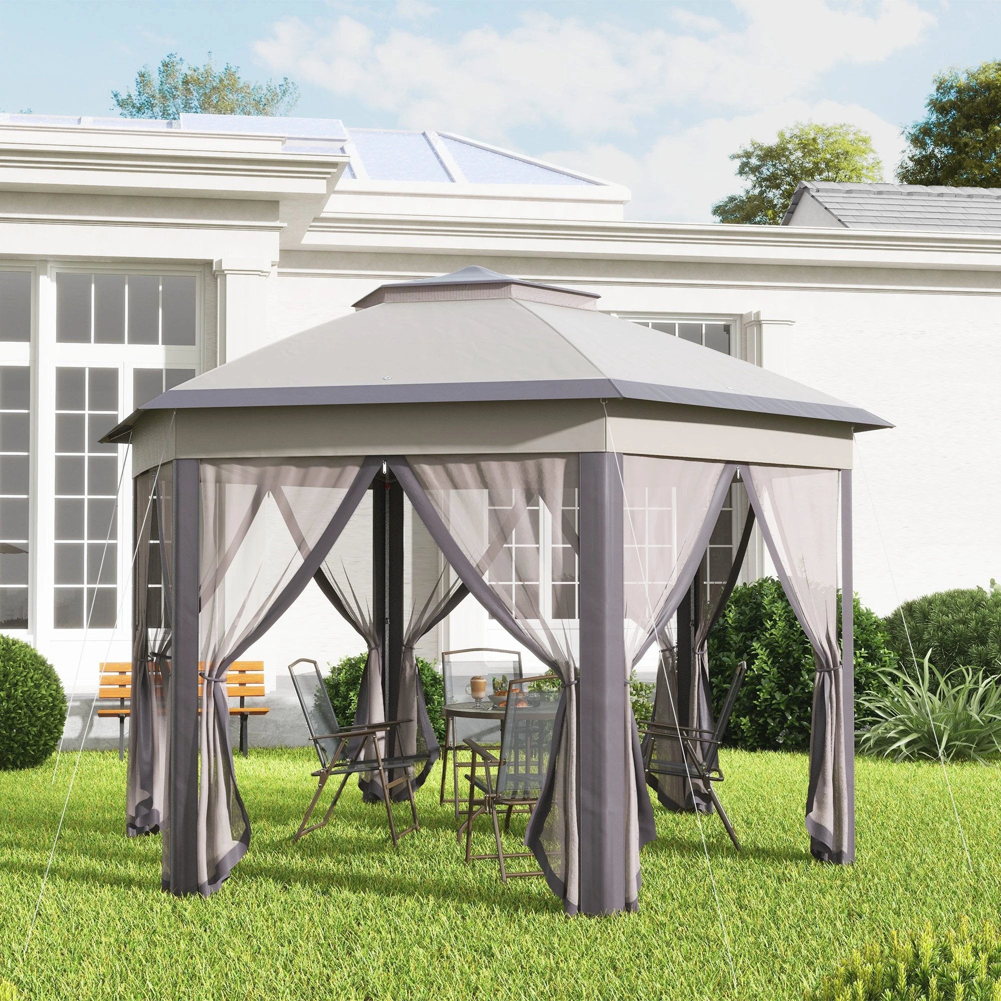 Outsunny 4.05m x 4.05m Metal Frame Mesh Draped 2-Tier Roof Gazebo Brown - Gazebos