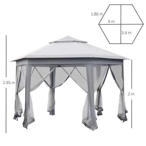 Hexagon Pop Up Gazebo Double Roof Netting, 4m x 4m, Grey w/ Mesh, 4x4m by Outsunny