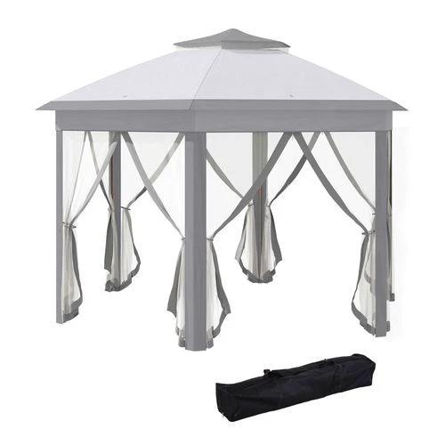 Hexagon Pop Up Gazebo Double Roof Netting, 4m x 4m, Grey w/ Mesh, 4x4m by Outsunny