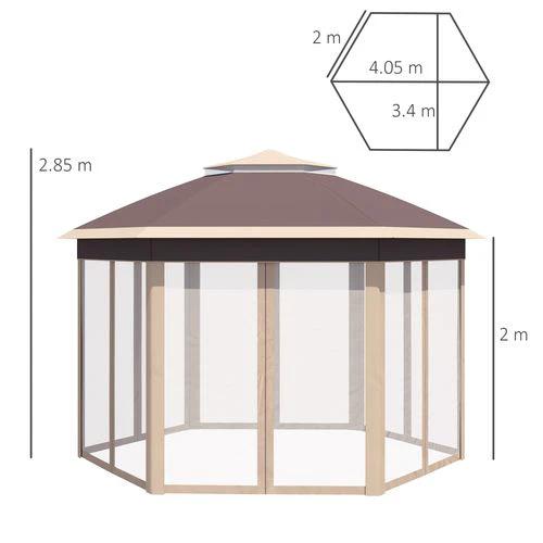 Outsunny Outsunny 3x4m Hexagon Gazebo w/ Metal Frame Mesh Curtains Outdoor Garden, Khaki - Gazebos