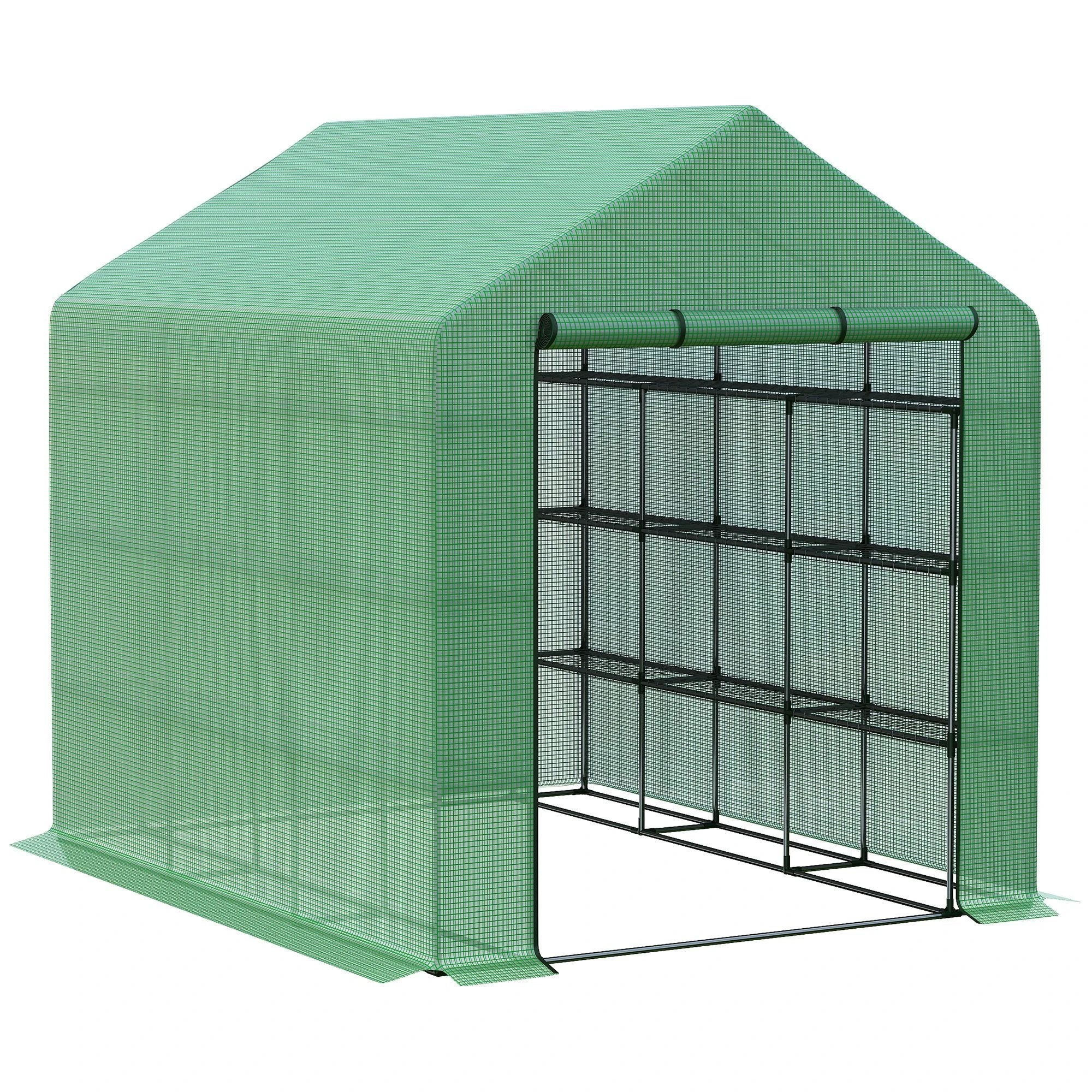 Outsunny Poly Tunnel Steeple Walk in Greenhouse Removable Cover Shelves 244x180x210cm - Greenhouse