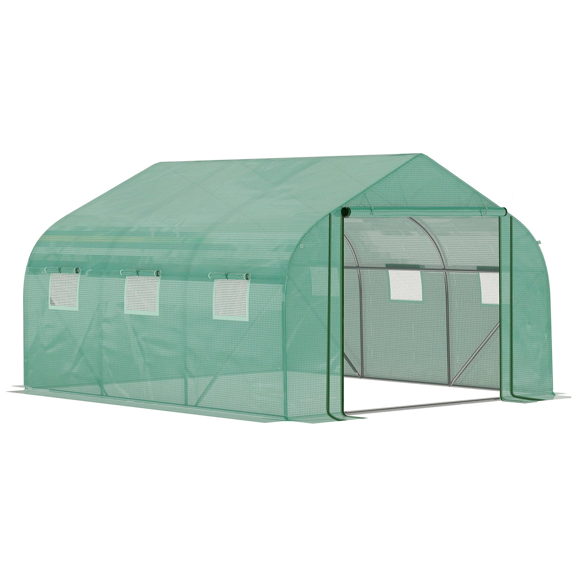 Outsunny Walk-in Garden Greenhouse Zippered Roll Up Door & 6 Windows, 3.5 x 3 x 2m, Green - Greenhouse