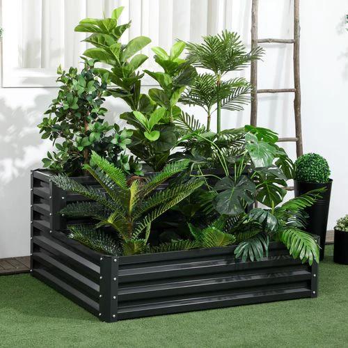 Outsunny 2 Tier Galvanised Raised Garden Bed Planter Box Open Bottom Dark Grey by Outsunny