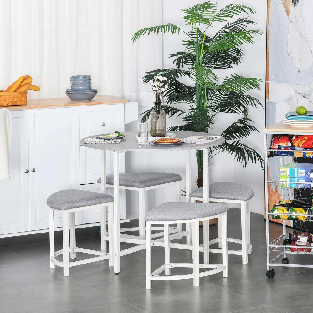 Modern Round Dining Table Set with 4 Upholstered Stools for Dining Room by Unbranded