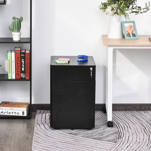 3 Draw Metal Filing Cabinet Lockable 4 Wheel Compact Under Desk Black Vinsetto by Unbranded