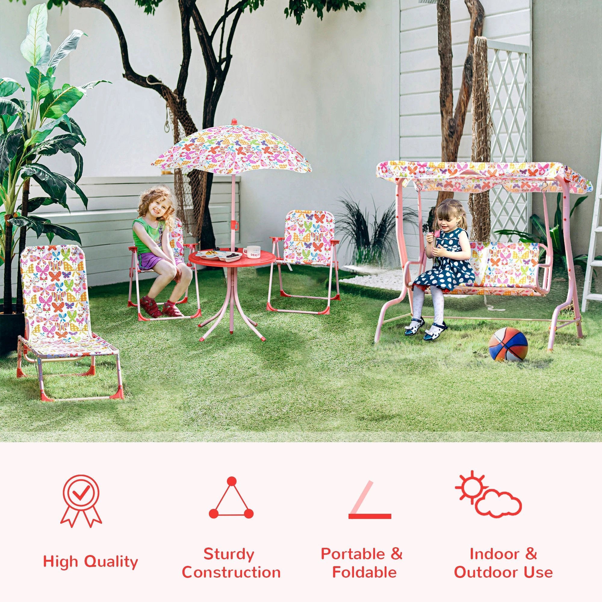 Outsunny Kids Folding Picnic Table Chair Set Butterfly Pattern Outdoor Parasol by Unbranded