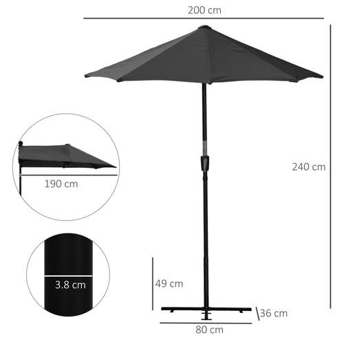 Outsunny Outsunny 2 Meter Half Garden Parasol Umbrella with Crank Handle for Small Outdoor Spaces - Parasol