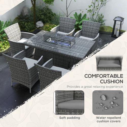 Outsunny Outsunny PE Rattan Dining Set with Fire Pit Table and Cushioned Armchairs, Grey - Garden Set
