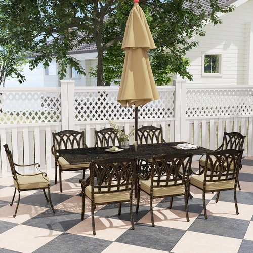 Outsunny Elegant Nine-Piece Outdoor Dining Set with Cushions and Parasol Hole for Entertaining Guests - Garden Set