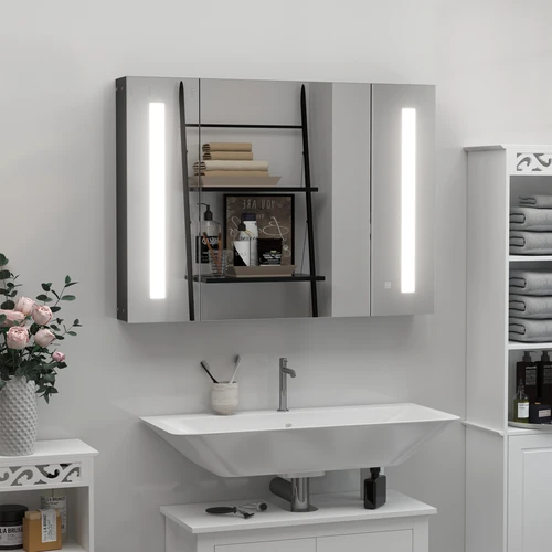 Kleankin LED Bathroom Mirror Cabinet 90cm x 65cm x 15cm with Touch Sensor Lighting for Modern Home Organization by Unbranded