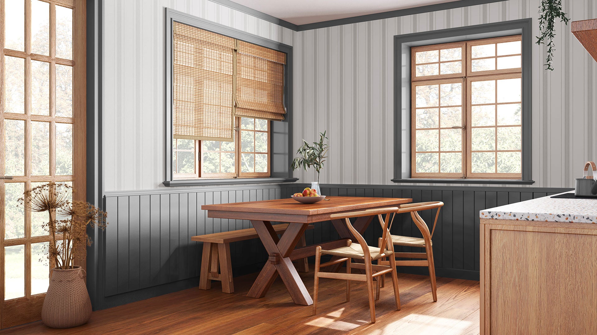 Wooden dining bench set with chairs and bench unit