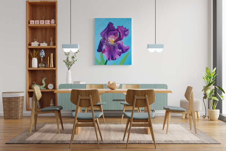 Wooden dining chair set with wall art in background