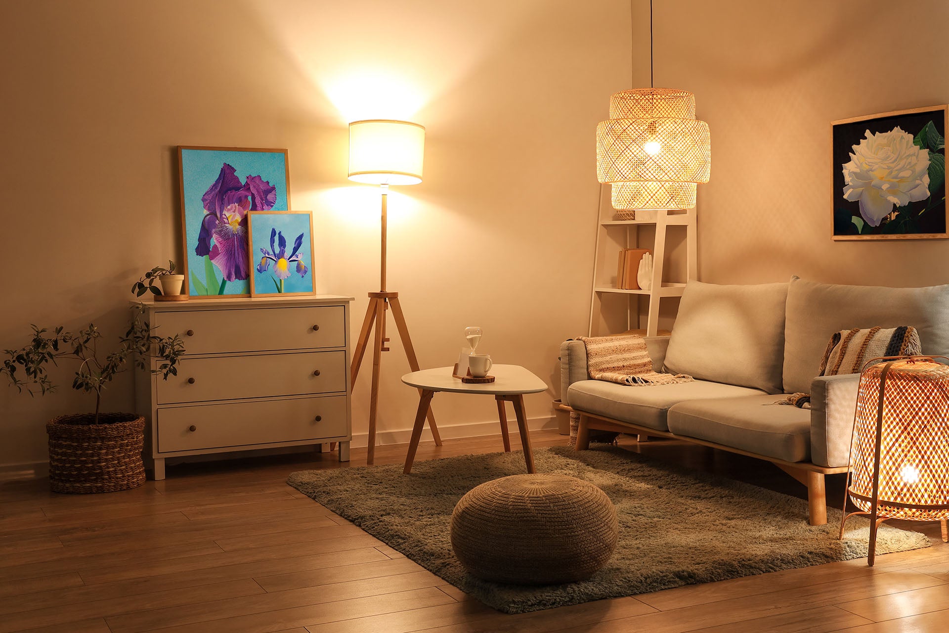 Contempoary lamp in living room with small sofa and wall art ontop of chest of drawers