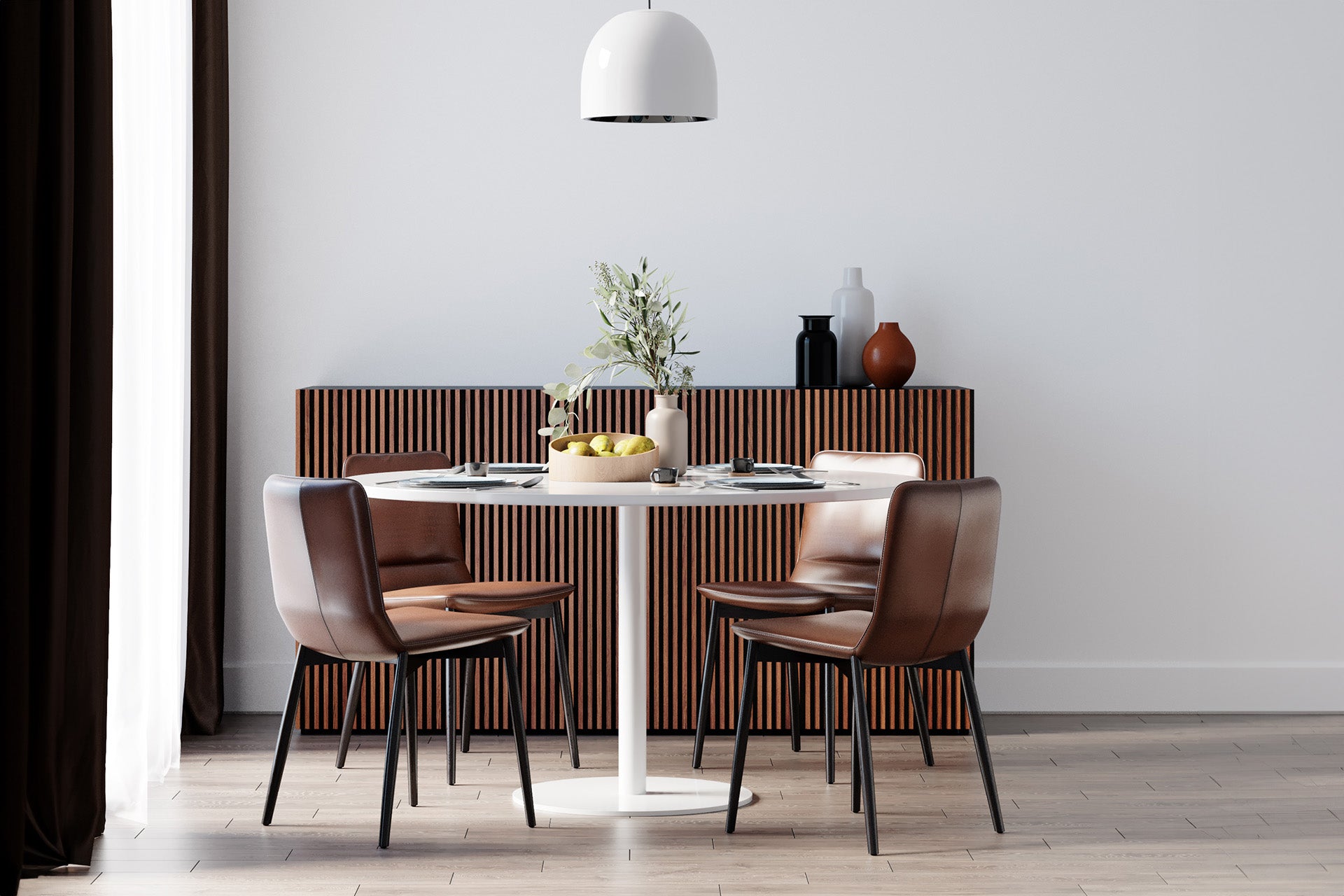 Leather dining chair set and white round table for modern dining rooms