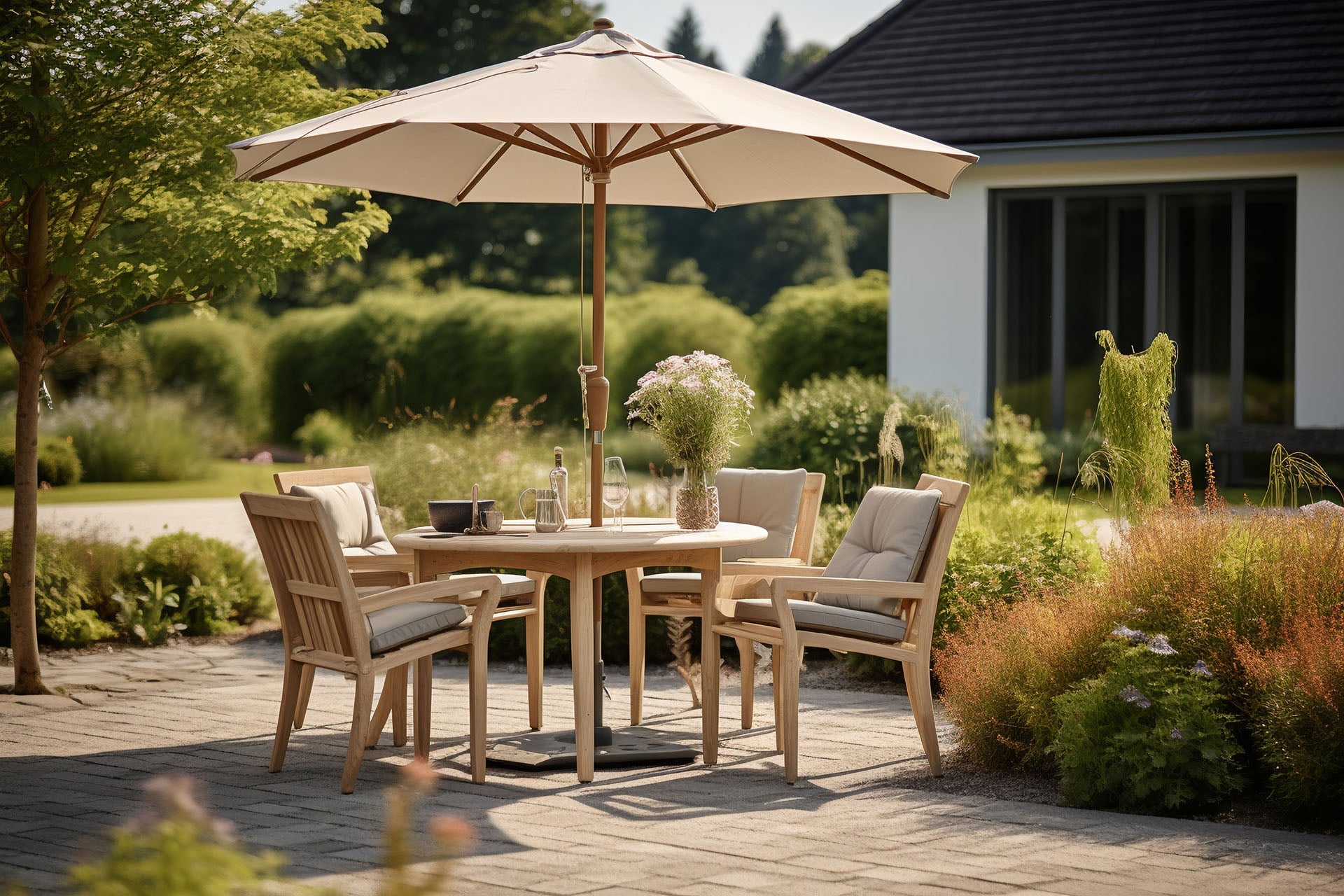 Garden parasol and garden furniture set cream coloured