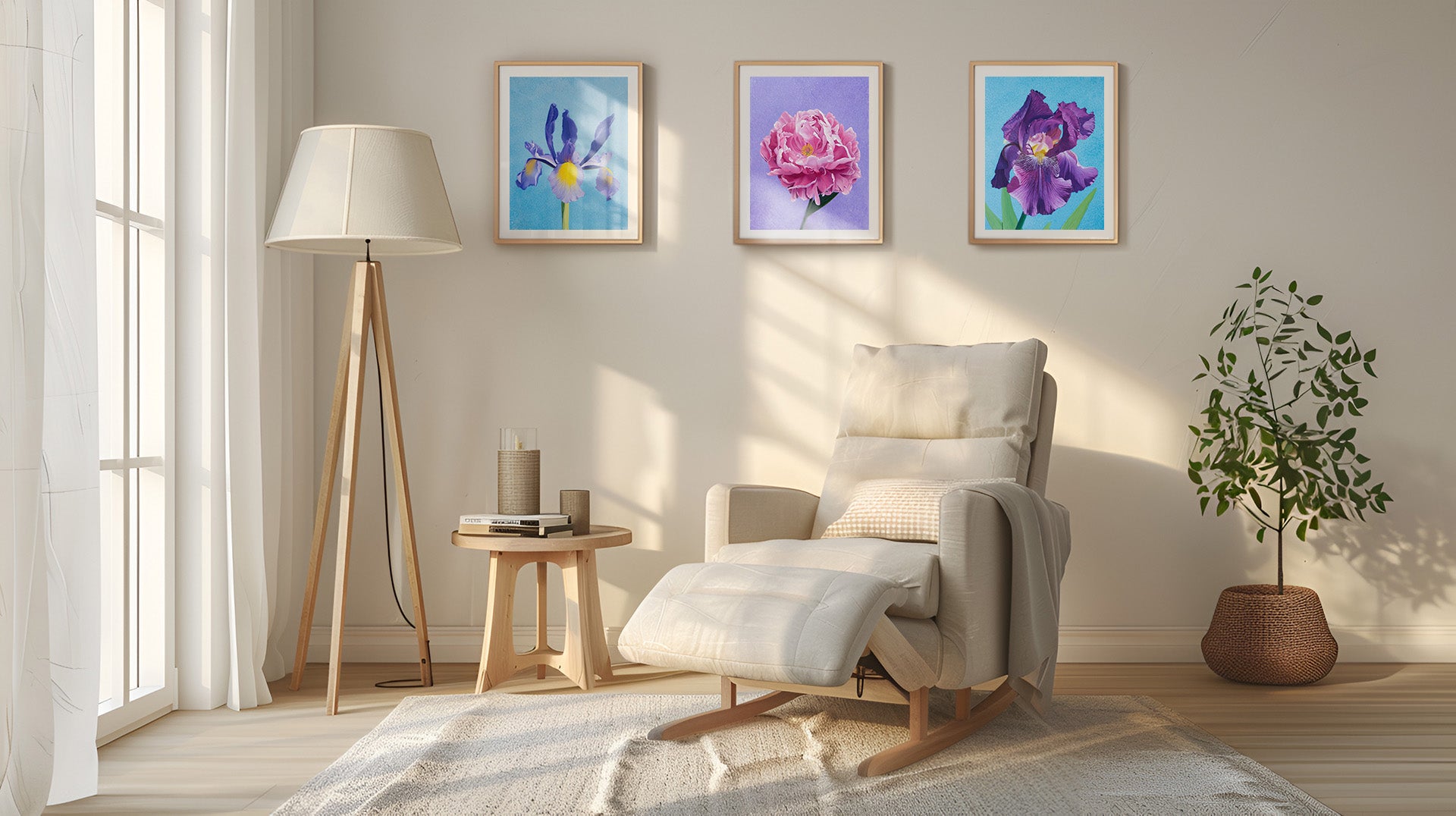 Cream coloured recliner chairs in a spacious living room with wall art in background