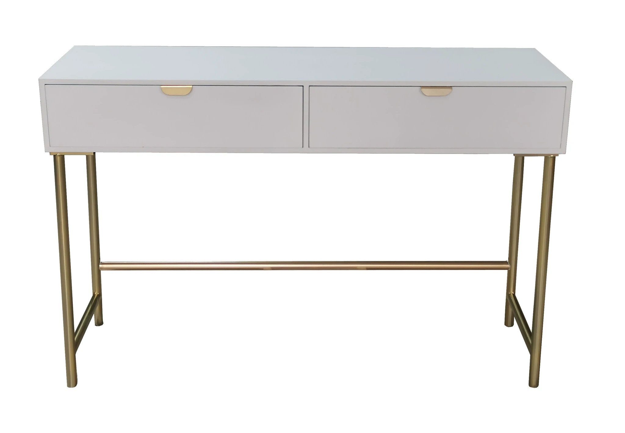 Elegant White Wooden Side Table 120cm Two Drawer Scalloped Edge Gold Leg Bedroom Decor by MSL