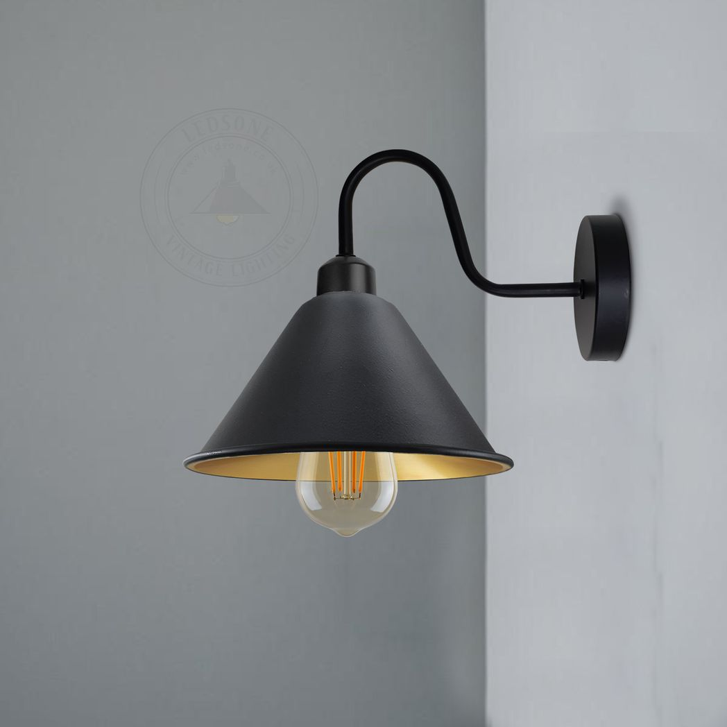 Black Gold Wall Sconce Cone Shade Dimmable For Home by Home Symphony, matte black exterior with warm gold interior.