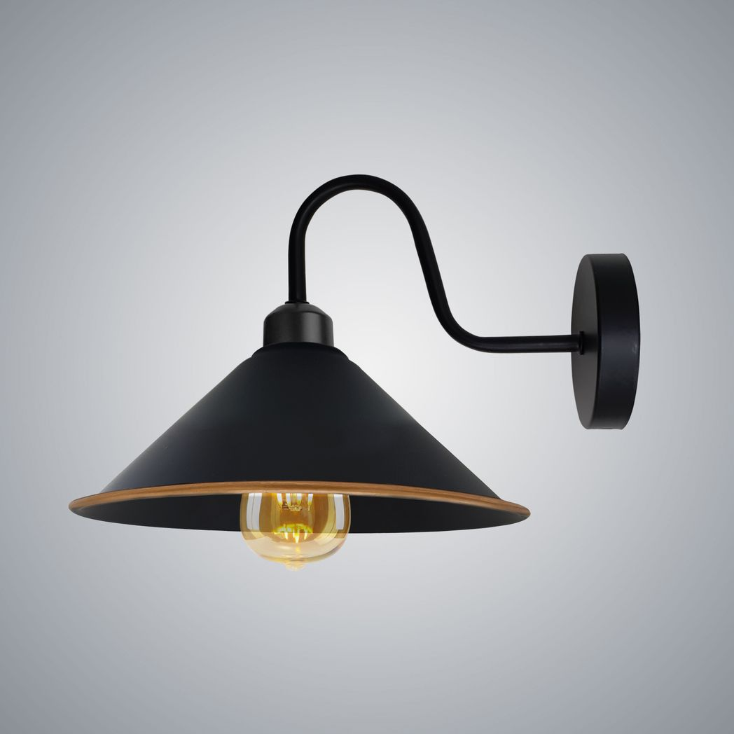 Home Symphony Black Gold Wall Light Fixture Standard Dimmable Home Decor with cone shade and curved arm.