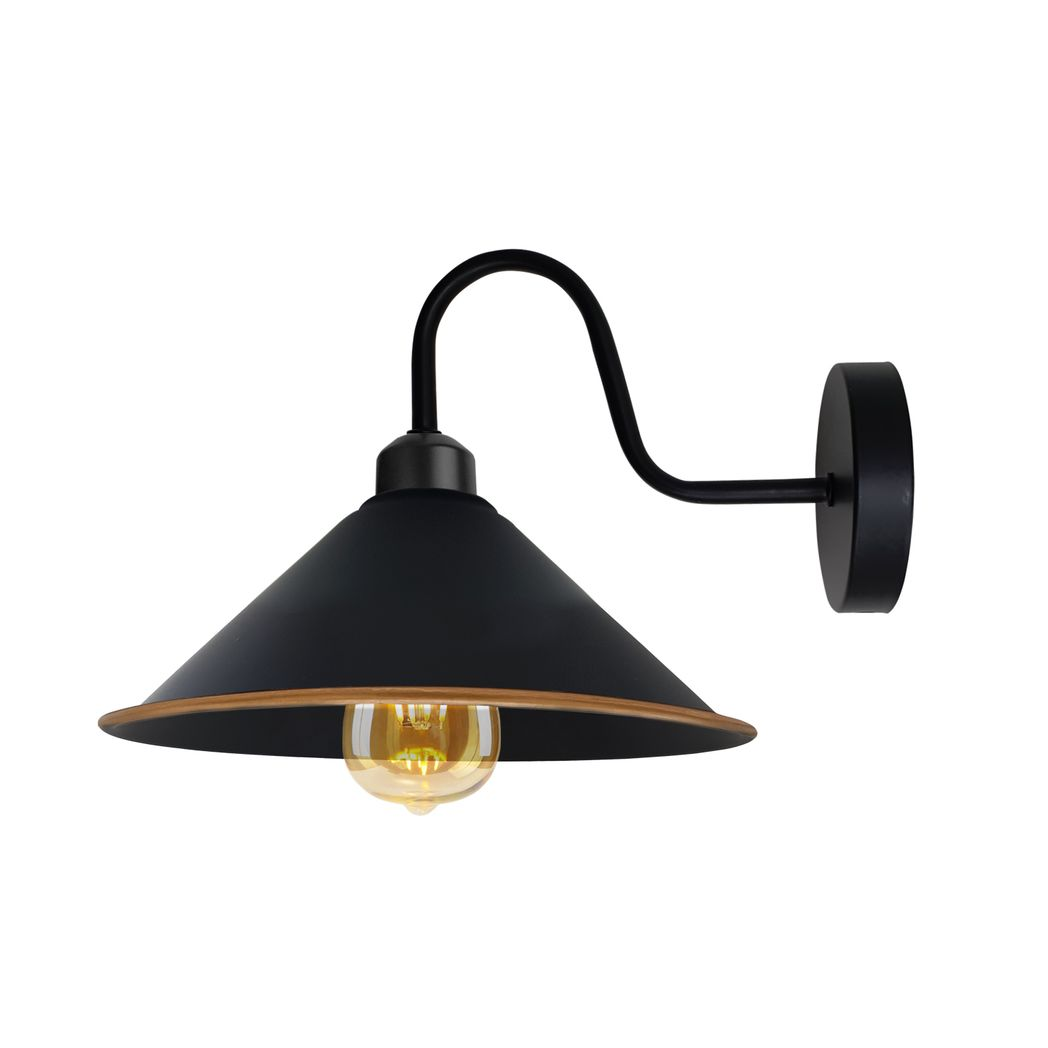 Black Gold Wall Light Medium Swan Neck Cone Shade E27 Home wall lamp with curved neck and cone shade.