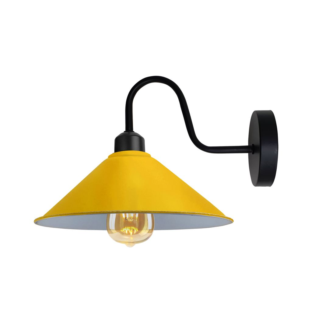 Home Symphony Vintage Wall Light Cone Shade Dimmable E27 Base Indoor Use with yellow cone shade and curved black arm