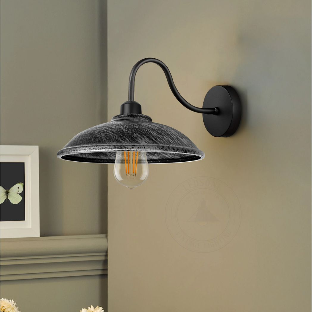 Brushed Silver Wall Light Fixture Swan Neck Hemisphere Home by Home Symphony, curved neck, hemisphere shade.