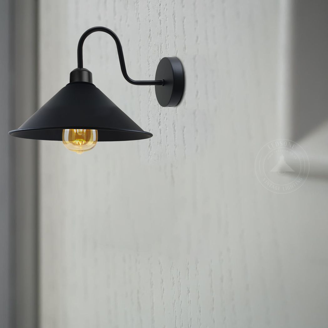 Home Symphony Premium Wall Light 8In Cone Shade Swan Neck E27 For Home in matte black with curved arm.