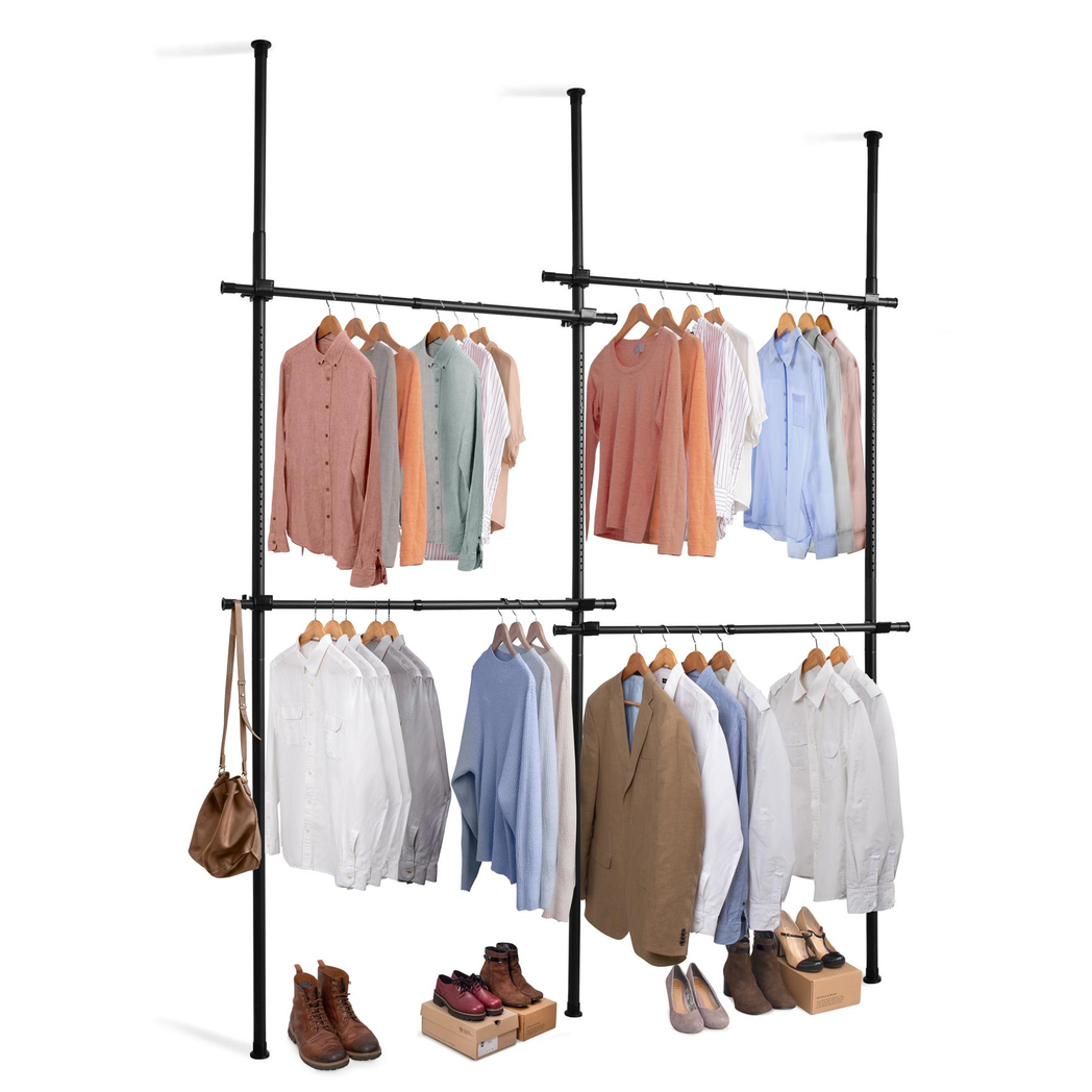 Double Black Telescopic Wardrobe Organiser Hanging Rail Clothes Rack Adjustable Storage Shelving - Direct Online Houseware - Home Symphony